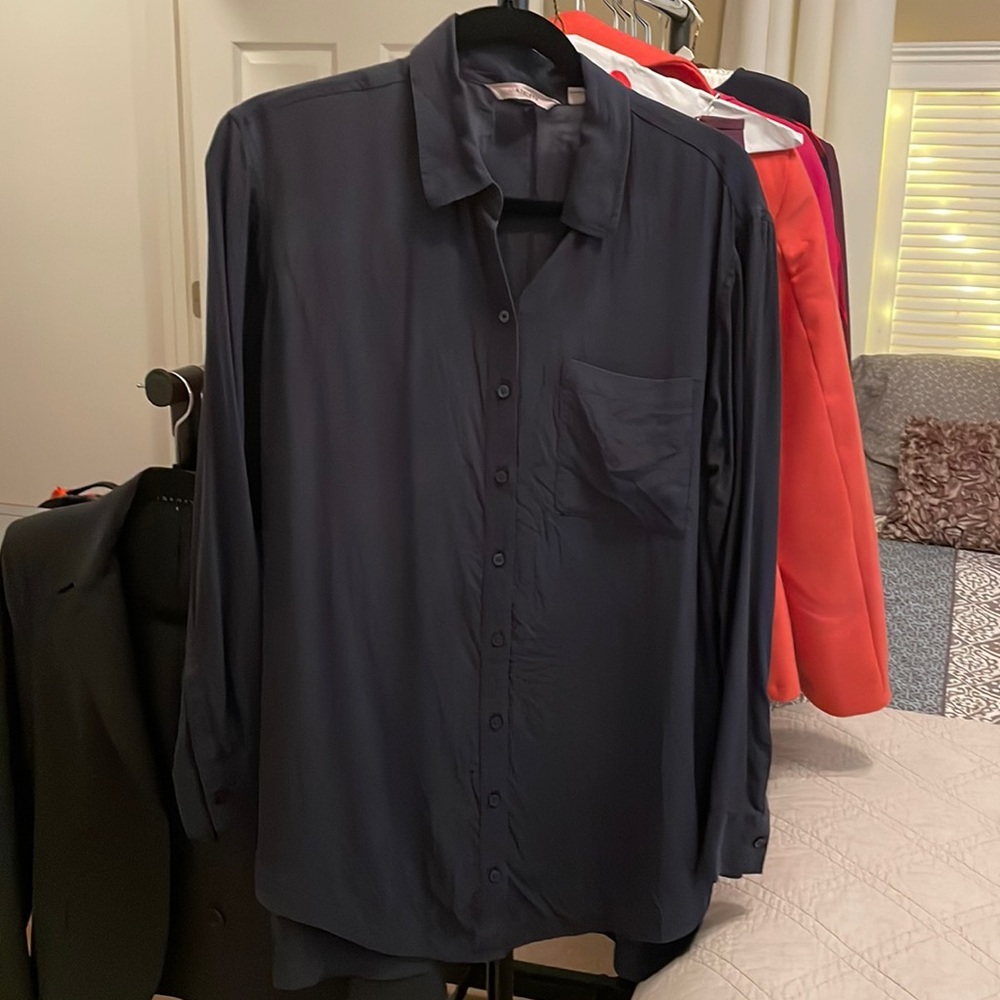 Athleta size small, navy blue silk, long sleeve button down shirt